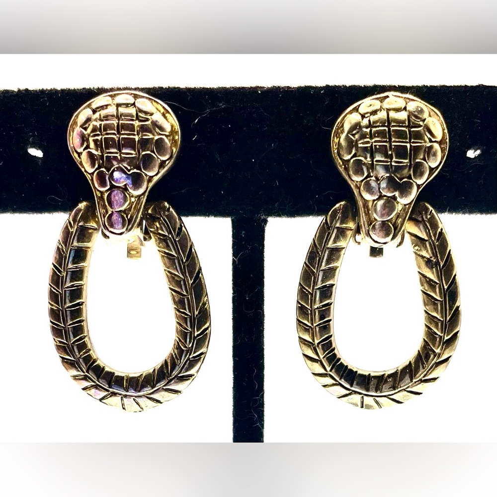 3 for $30 VTG 80s Gold Tone Textured Door Knocker Clip On Earrings Snake Design